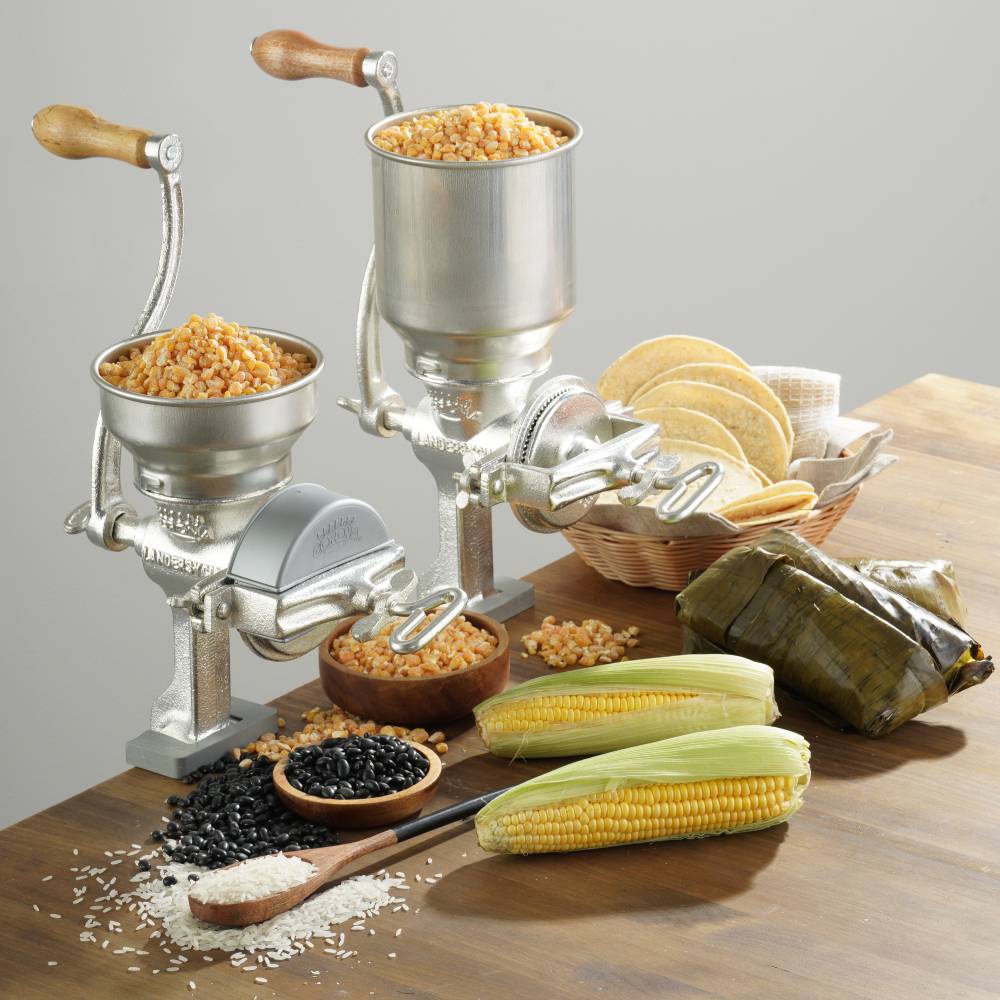 Corona Molino de maíz y grano de hierro fundido con mesa de  madera, molinillo de maíz, molino de granos, molinillo manual con mesa para  maíz, arroz, lentejas, garbanzos, molinillo de hierro